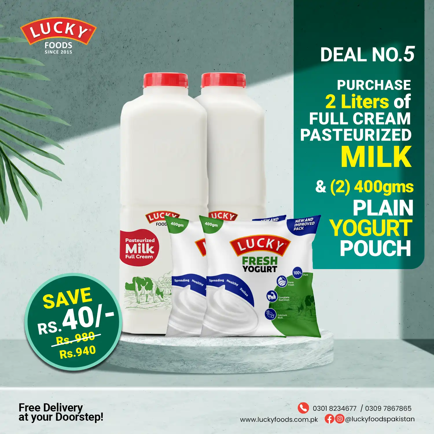 Deal 5 - 2 Liters Full Cream Pasteurized Milk & 2 - 400g Fresh Yogurts - Save Rs. 40